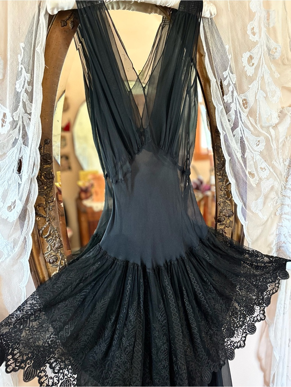 1930s Rare Vintage Black Sheer Silk Lace Dress Bolero Set - Picture 2 of 16